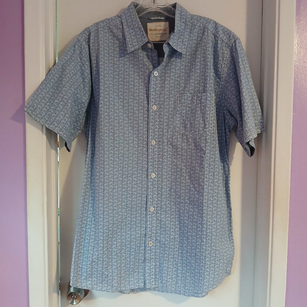 Weatherproof Vintage Men;s Short Sleeve Light Blue and White Geometric Shirt